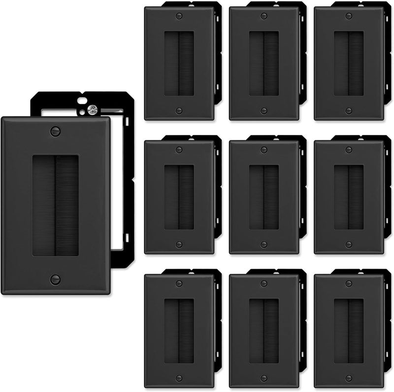 FGBB 10 Pack Brush Wall Plate with Low Voltage Mounting Bracket, Cable Pass Through Insert for Wires, Single Gang Cable Access Strap, Wall Socket for HDTV, Home Theater Systems - Black - Image 1
